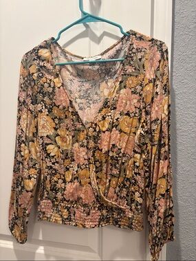 Floral Wrap-Front Long Sleeve Top - Pink & Mustard